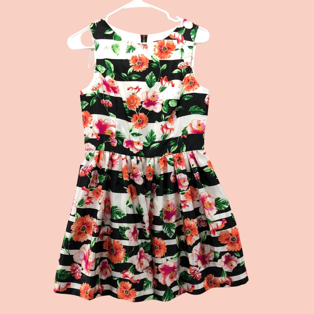 Saks Fifth Avenue RED Floral Striped Fit Flare Dress Womens 4 Sleeveless Pink